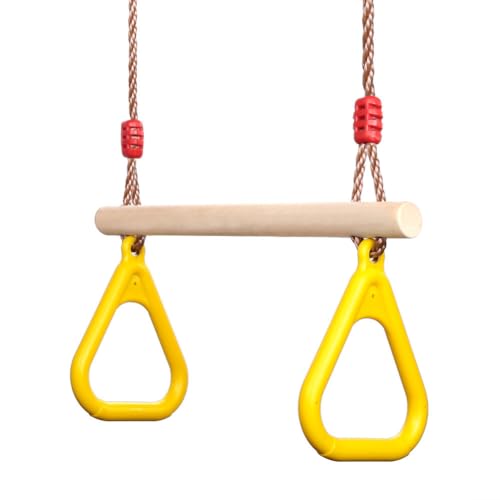 PELLOR Playground Children's Wooden Trapeze Swing Bar with Plastic Gym Rings Swing Set for Indoor & Outdoor Fun - color: Yellow