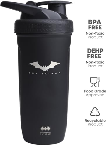 Smartshake DC Comic Bundle - Batman Protein Shaker Bottle – 900ml Leakproof Stainless Steel Water Shaker with 50g Protein Powder Storage Funnel