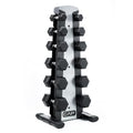 CAP Rubber Coated Hex Dumbbell Set with Storage Rack | 100–210 lb Options, Space-Saving Vertical Compact Storage for Home Gym Strength Training - size: 210 lb - Set - Silver Rack, style: Chrome Handles