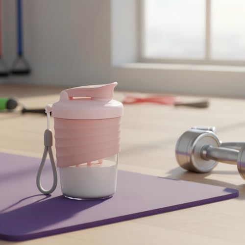 Protein Shaker Bottle, Pink, 14 oz Leak-Proof with Non-Slip Silicone Grip, Mixing Ball, Detachable Nylon Strap
