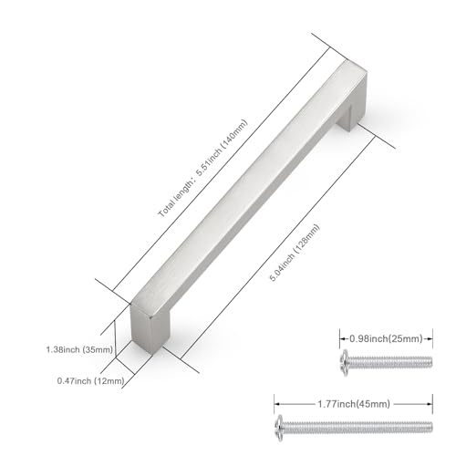 Probrico 5 Pack Hole Centers 5 inch Brushed Satin Nickel Kitchen Cabinet Pulls,Square Corner Bar Drawer Handles,Stainless Steel Dresser Pull Handle 5.5inch Length - color: Brushed Nickel, size: Hole Center: 128mm(5inch)