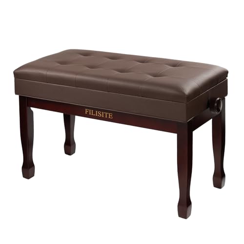 Adjustable Height Piano Bench with Storage, Solid Wood Duet Keyboard Stool, Waterproof Padded Seat Cushion, Multi-Use Bench for Piano, Vanity, Living Room, Bedroom XJ750-4(Brown) - color: Brown