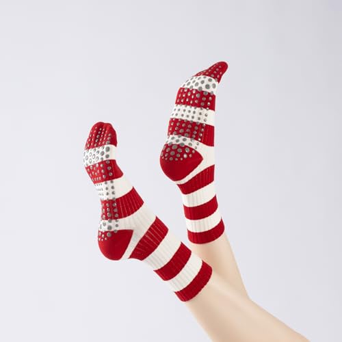 Verdancy Yoga Pilates Socks with Grips for Women Striped Cushioned Non Slip Crew Socks for Barre Ballet Dance - color: Red/White-stripe