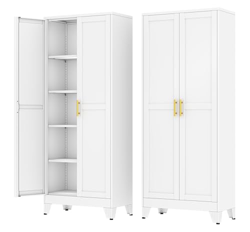 Metal Storage Cabinet with 2 Doors and 4 Adjustable Shelves - 71" Steel File Cabinet,Tool Cabinets for Office,Home,Garage,Gym,School,Bathroom,Kitchen(White) - color: White, size: 71H