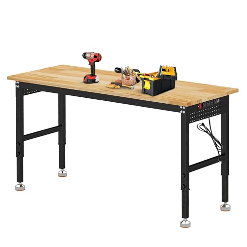 Betterhood Adjustable Height Workbench, 60" Rubber Wood Top Heavy Duty Workstation with Power Outlets, 2000 LBS Load Capacity Hardwood Worktable for Workshop, Garage, Office, Home, Commercial - size: Rubber Pad/ Power Outlets/ 2 Pegboard/ 60"x24"x37"