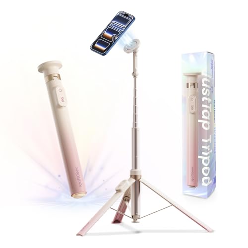 KraftGeek Magnetic Phone Tripod for iPhone, JustTap Tripod for MagSafe | 66" Selfie Stick Tripod, Auto-Open, N52 Magnetic Mount, Portable Phone Tripod Stand for Travel, Video Recording & Vlogging - color: Ombré Peach