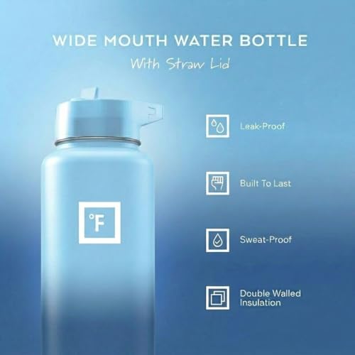 IRON °FLASK 40 oz Wide Mouth Water Bottle with Straw | Insulated Stainless Steel Sports Water Bottle with Leakproof Straw Lid - BPA Free, Cold 24 Hrs, Sweat Free (Blue Waves) - color: Blue Waves, style: Straw - 40 Oz (1 Lid)