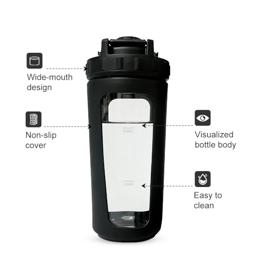 26oz Glass Protein Shaker Bottle, Stainless Steel Mixing Ball & Silicone Sleeve, Odorless, Leak-Proof, BPA-Free, Ideal for Smoothies & Workout Drinks (Graphite Black) - color: Graphite Black