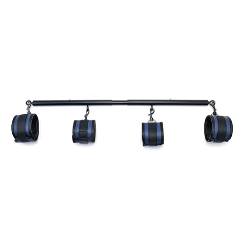 3 in 1 Heavy Duty Stainless Steel Expandable Spreader Bar with 4pcs PU Blue Adjustable Straps,Workout Bar for Home Gym Training Bar,Portable Detachable Pilates Kit - style: Black+PU Blue Kit