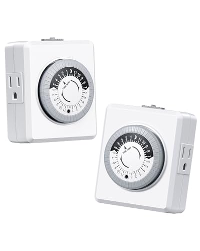 DEWENWILS 24 Hour Cycle Plug-in Mechanical Timer 2 Pack, Indoor Timer for Electrical Outlets, 30-Minute Intervals, Dual 3 Prong Outlets, 125V 15A for Room Lights, Lamps, ETL Listed