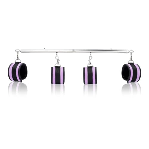 Heavy Duty Stainless Steel Expandable Spreader Bar with 4pcs PU Black--Pink Skull Pattern Detachable Adjustable Straps,Workout Bar for Home Indoor Gym Training Kit - style: Silver+Purple Furry Kit