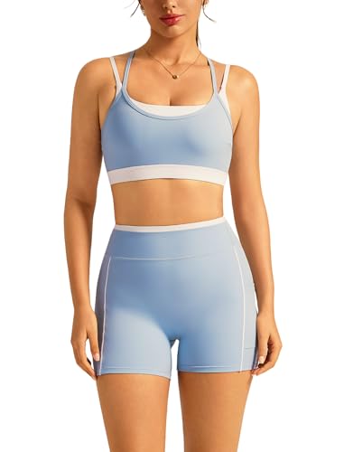 Double Layer Workout Sets for Women 2 Piece Matching Gym Set High Waist Shorts with Pockets Sports Bra Yoga Pilates Outfits - color: Blue, size: Medium