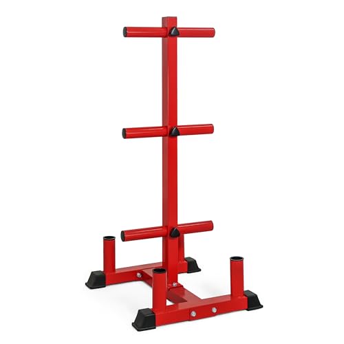 CAP Olympic Bumper Plate Tree Rack with Barbell Holders, Heavy-Duty Weight Plate Storage Rack for Home Gym, Steel Olympic Plate Organizer Stand, Multiple Color & Size Options - color: Red, size: 6-Plate Posts / 4 Bar Holders