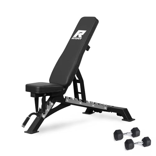 RITFIT Adjustable Weight Bench, Incline Decline Flat, 1300LB Capacity | Full Body Workout Bench for Home Gym Strength Training, 10 Backrest Positions, 3 Seat Angles, Heavy Duty Steel Frame - color: Black, with 2x5lb Rubber Hex Dumbbells