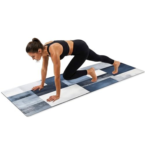 Navy Blue Grey White Yoga Mat Non Slip Abstract Art Modern Oil Painting Exercise Mat with Carrying Strap, Large Yoga Mats for Women, Workout Mats for Pilates, Stretching & Fitness - color: Blue White Gray, size: 72"L x 24"W