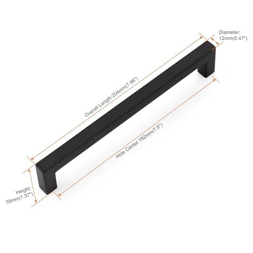 Probrico 5 Pack Black Square Kitchen Cabinet Pulls,Stainless Steel 7.5inch Hole Centers Cabinet Handles,Square Corner Bar Black Dresser Drawer Pull Handles - color: Black, size: Hole Center: 192mm(7.5inch)