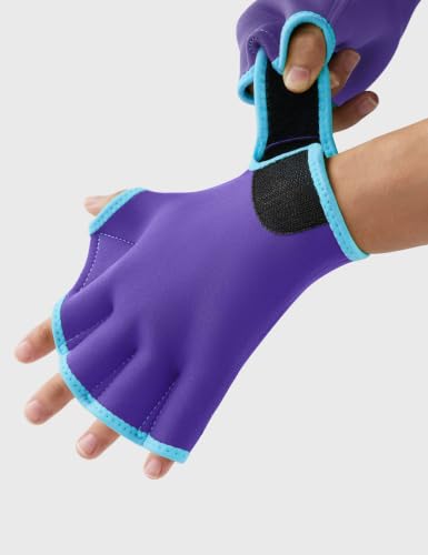 FitsT4 Sports Aqua Gloves Webbed Paddle Swim Gloves Fitness Water Aerobics - color: Purple/Teal, size: Medium