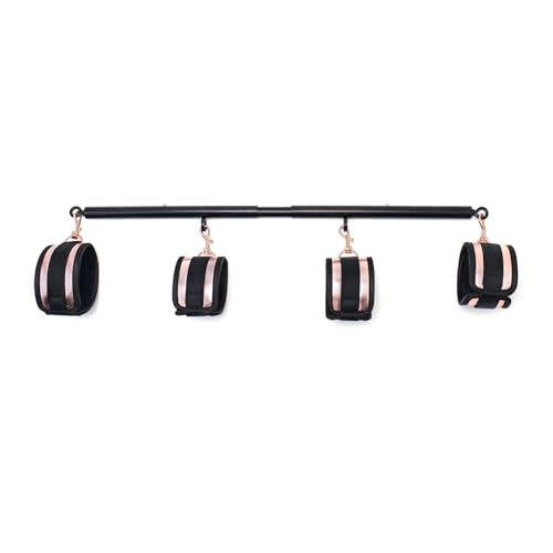 3 in 1 Heavy Duty Stainless Steel Expandable Spreader Bar with 4pcs PU Rose-Gold Adjustable Straps,Workout Bar for Home Gym Training Bar,Portable Detachable Pilates Kit - style: Black+Black-gold PU Kit