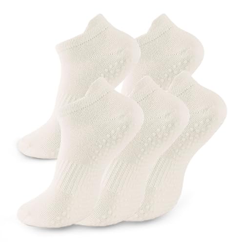 5 Pairs Pilates Socks with Grips for Women Non Slip Grip Yoga Crew Socks for Barre Hospital Barefoot - color: A - 5 Pairs White