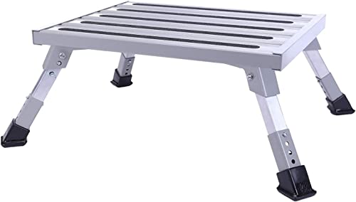 Homeon Wheels Large RV Step Stool, Adjustable Height Aluminum Folding Step Ladder with Non-Slip Rubber Feet, Heavy-Duty Design, Safety Platform for RV, Trailer, Truck, Outdoor Use, 19" x 14.3" - color: Silver