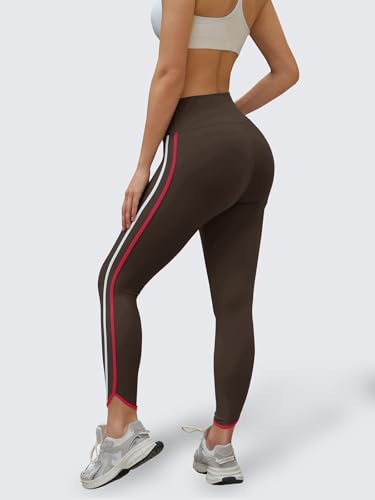 Aoysky Womens Buttery Soft Workout Leggings 25" Side Stripes High Waisted Full Length Yoga Leggings - color: Brown, size: Medium