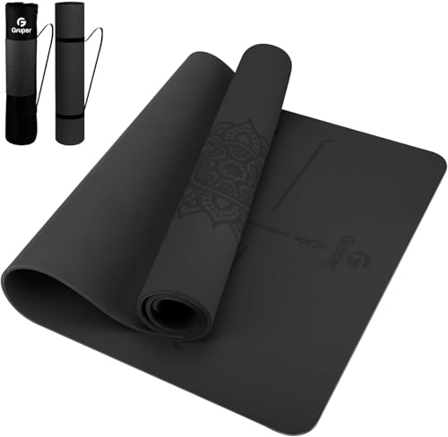 Gruper Yoga Mat Non Slip TPE Extra Wide Yoga Mat with Alignment Mark, 72"L x 32"W x 0.32"/0.24"Th (183cm x 80cm x 8mm/6mm), Anti-Tear Exercise Mat with Carrying Strap and Bag, Workout Mats for Yoga, Pilates - color: Black, size: 0.24*32*72 Inches