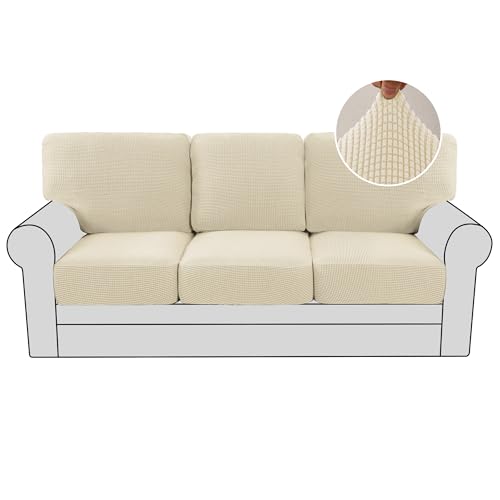 H.VERSAILTEX Multi-Pieces Couch Covers for 3 Cushion Sofa High Stretch Couch Cushion Covers Jacquard Textured Twill Fabric(3 Seat Covers Plus 3 Back Cushion Covers, Natural) - color: Natural, size: 3 SEAT COVERS + 3 BACK COVERS