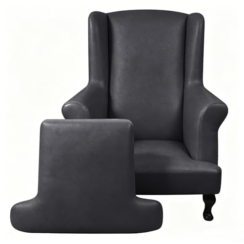 ANARACHON Leather Look Wingback Chair Covers, 2-Piece Wing Chair slipcover,Stretch Wing Back Armchair Slipcovers with Elastic Bottom, Soft Spandex Furniture Protector for Living Room(Cement Grey) - color: Cement Grey