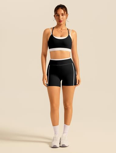 Double Layer Workout Sets for Women 2 Piece Matching Gym Set High Waist Shorts with Pockets Sports Bra Yoga Pilates Outfits - color: Black, size: X-Small