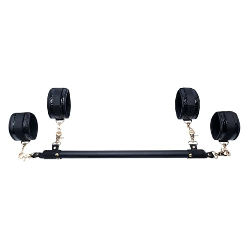 Wooden PU Spreader Bar with 4pcs PU Adjustable Straps,Workout Bar for Home Gym Training Bar,Portable Detachable Pilates Kit - style: Black+Crocodile Black Kit