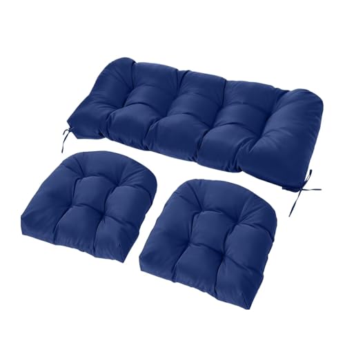 Wicker Chair Cushions Set, 2 U-Shaped Cushions & 1 Loveseat, Waterproof Outdoor Loveseat Cushion for Patio Furniture, Settee Bench Pad All Weather,Navy Blue - color: Navy Blue