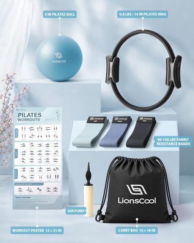 LIONSCOOL Pilates Ring Set - 14" Anti-Deformation Magic Circle with Padded Handles, 9" Mini Ball, Non-Slip Fabric Resistance Bands, Guide & Bag - color: Black