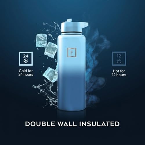 IRON °FLASK 40 oz Wide Mouth Water Bottle with Straw | Insulated Stainless Steel Sports Water Bottle with Leakproof Straw Lid - BPA Free, Cold 24 Hrs, Sweat Free (Blue Waves) - color: Blue Waves, style: Straw - 40 Oz (1 Lid)