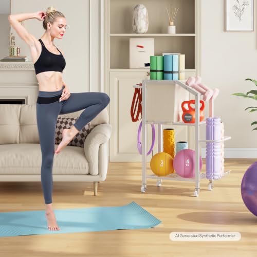 HOOBRO Dumbbell Rack, Weight Rack for Dumbbells, Yoga Mat Storage Rack, Home Gym Storage Rack for Dumbbells Kettlebells Foam Roller, Workout Storage Organizer with Wheels & Hooks - color: White