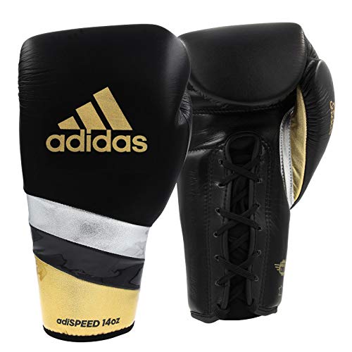 adidas Speed 500 Pro Boxing Gloves – Genuine Leather Training Gloves for Men & Women, Lace-Up Heavy Bag & Kickboxing Gloves - color: BLACK/GOLD/SILVER, size: 18 oz