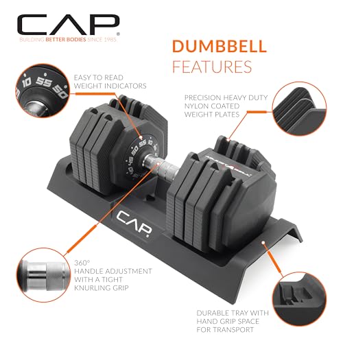 CAP ADJUSTABELL Adjustable Dumbbell Set, Premium Quick Select Adjustable Weights for Strength Training, Singles & Pairs, 12.5 LB, 25 LB & 55 LB, Round & Hex Dumbbells, Multiple Grip Handle Options - size: 55 lb - Chrome Handle, style: Pair