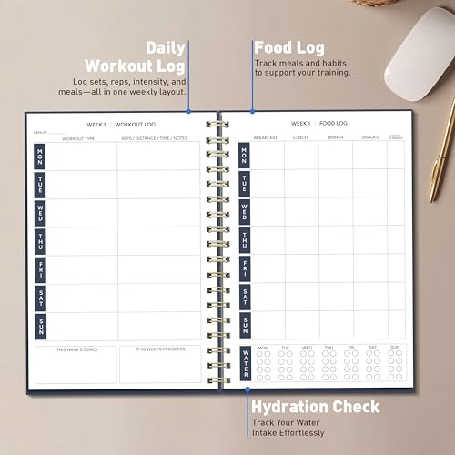 Sweetzer & Orange Fitness Planner Notebook – 6" x 8.5" Workout Log Book & Fitness Journal – 129 Pages with Measurement Tracker, Weight Tracker, Workout Planner, Food Log, 30 Day Challenge & Notes – Gold Spiral