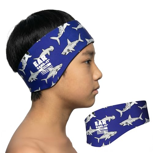 Earvolution Ear Band-It Ultra Swimming Headband for Kids and Adults - Invented by Ear, Nose, and Throat Physician - Custom Anti-Slip Grip Neoprene Maximizes Protection, 13 Color Options, 3 Sizes - color: Sharks