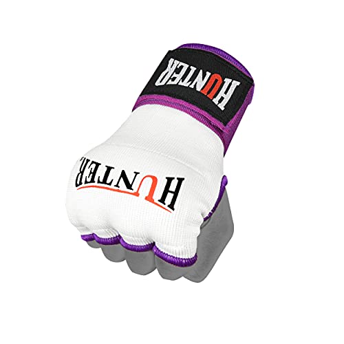 HUNTER Gel Boxing Hand Wraps for Men & Women, Quick Inner Gloves with Wrist Support for MMA, Muay Thai, Kickboxing & Martial Arts Training, Knuckle Protection (Pair) - color: White/Purple, size: Large-X-Large