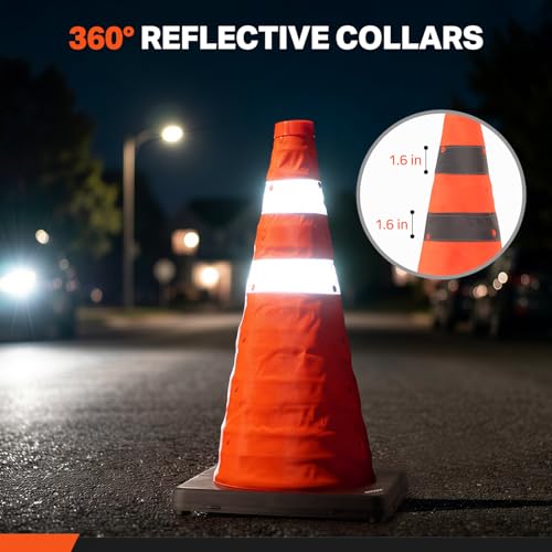 BATTIFE 18 inch Collapsible Traffic Safety Cones Orange Plastic Base 4 Pack | Collapsible folds flat, reflective strips, sturdy PVC, lightweight,ideal for parking, driving, construction, emergencies - size: 18inch