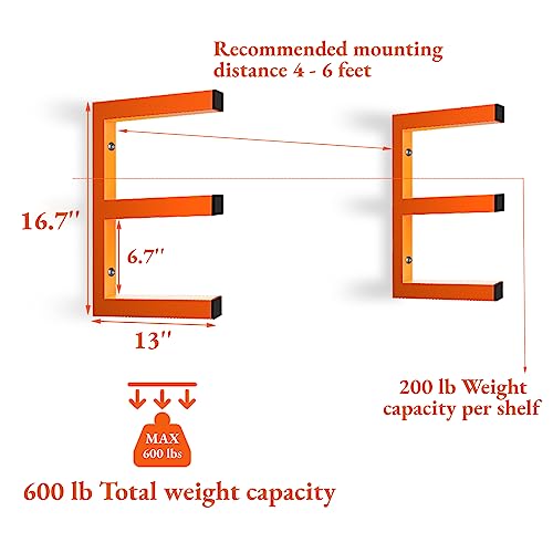 MOOMSINE Lumber Storage Rack Wall Mount, Heavy Duty Metal Wood Organizer with 3-Level Each Shelf Holds Up 200 Lbs, Indoor & Outdoor Use - color: Orange - 2 Pack