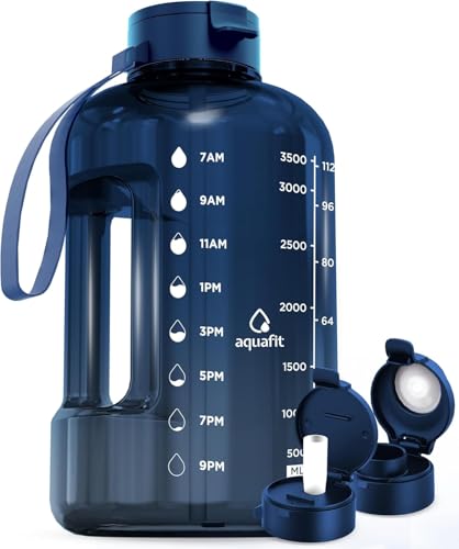 AQUAFIT 1 Gallon Water Bottle with Time Marker | BPA Free 128 oz Water Bottle with Straw and Chug Lids - Leakproof Gym Water Bottle with Carry Handle (Nebula) - color: Nebula 2, style: 128 oz - 2 Lids