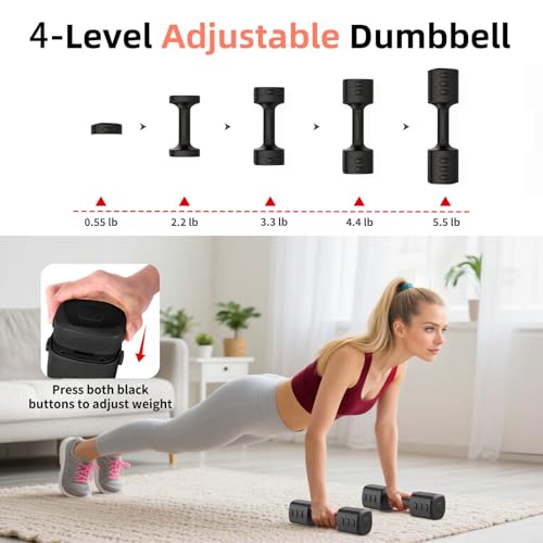 2-in-1 Adjustable Dumbbell Set, 4-Level Weights for Women | Convertible Dumbbell & Kettlebell, Adjustable 2.2-5.5lb Each, Quick-Change Button, Compact for Home Gym, Office & Outdoor - color: Black