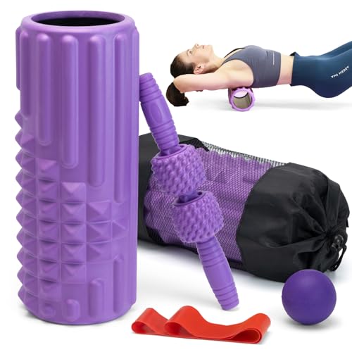 5 in 1 Foam Roller Set, High Density Patented Exercise Roller | Deep Tissue Massage Roller Stick, Massage Ball, Resistance Band for Pilates, Yoga, Whole Body Fitness Exercise, Purple - color: Purple