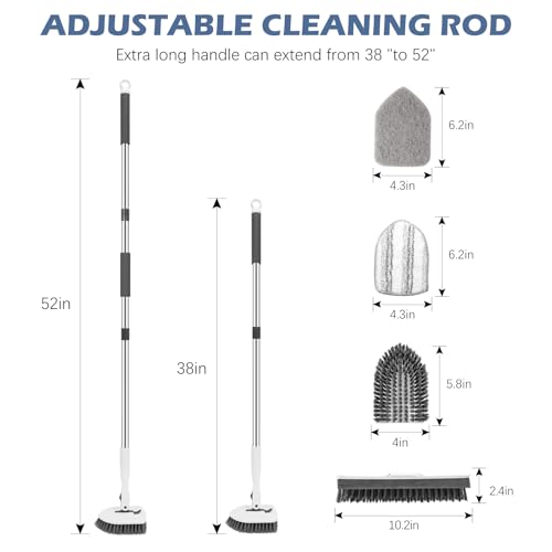 SetSail 4-in-1 Tile Tub Floor Scrubber with 52-inch Long Adjustable Handle Shower Cleaner Brush with V-Shaped Grout Brush and 3 Replacement Brush Heads for Bathroom Kitchen Walls Tub Tile, White Grey - color: White Grey, size: 2 Pads + V-Shaped Brush