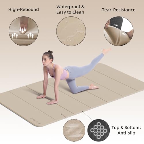 PAIDU Foldable Yoga Mat (10MM) 75‘’x40‘“ Quick Fold，Easy Storage | TPE Non-Slip Design, Ea Extra Long/Wide for Indoor Yoga, Pilates and Outdoor Travel Workouts - color: Beige+Black