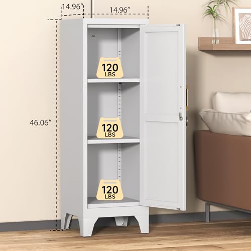 46" H Metal Locker Cabinet, Small Locker with Door and 2 Adjustable Shelf | Locker Cabinet with Adjustable Leveling Feet for Home, Bedroom, Office,Gym Assembly Required - color: 46" H White