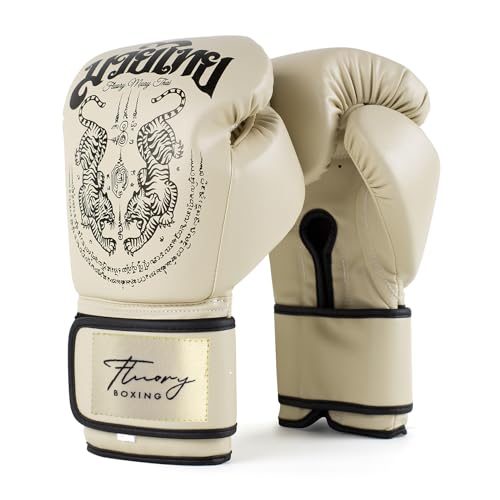 Boxing Gloves, Symmetrical Design with Two Tigers, Training Gloves - color: Beige, size: 14-oz