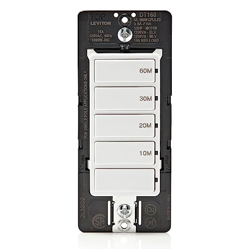 Leviton Countdown Timer Switch for bathroom fan and household lights, 10-20-30-60 min, No Neutral Required, Single Pole, 15A, 1/2HP/9.8A Fan/Motor, DT160-1LW, White - style: 10-20-30-60 min, No Neutral Required