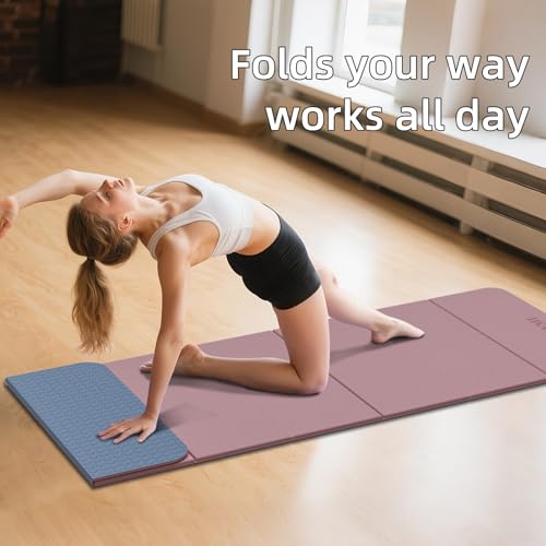 LVME Foldable Yoga Mat, 71"x24"x1/3" Thick, Non Slip Exercise Mat | SGS Certified POE, Fitness Travel Mat, Easy To Store, Foldable for Exercise, Yoga, Pilates, Home Workouts - color: Dusty Pink + Silver Blue